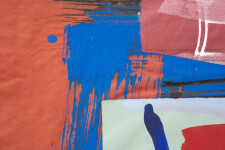 Vertical composition on paper with a saturated wine red ground over which bristle brushed lines are cross hatched in black and royal blue. Image 3