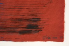 Vertical composition on paper with a saturated wine red ground over which bristle brushed lines are cross hatched in black and royal blue. Image 7