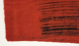 Vertical composition on paper with a saturated wine red ground over which bristle brushed lines are cross hatched in black and royal blue. Image 6