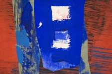 Vertical composition on paper with a saturated wine red ground over which bristle brushed lines are cross hatched in black and royal blue. Image 5