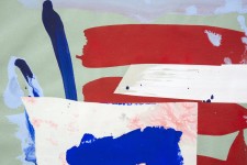 Vertical composition on paper with a saturated wine red ground over which bristle brushed lines are cross hatched in black and royal blue. Image 4