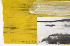 Vertical composition on paper with a canary yellow ground over which bristle brushed lines are cross hatched in black. Image 4
