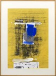 Vertical composition on paper with a canary yellow ground over which bristle brushed lines are cross hatched in black. Image 6