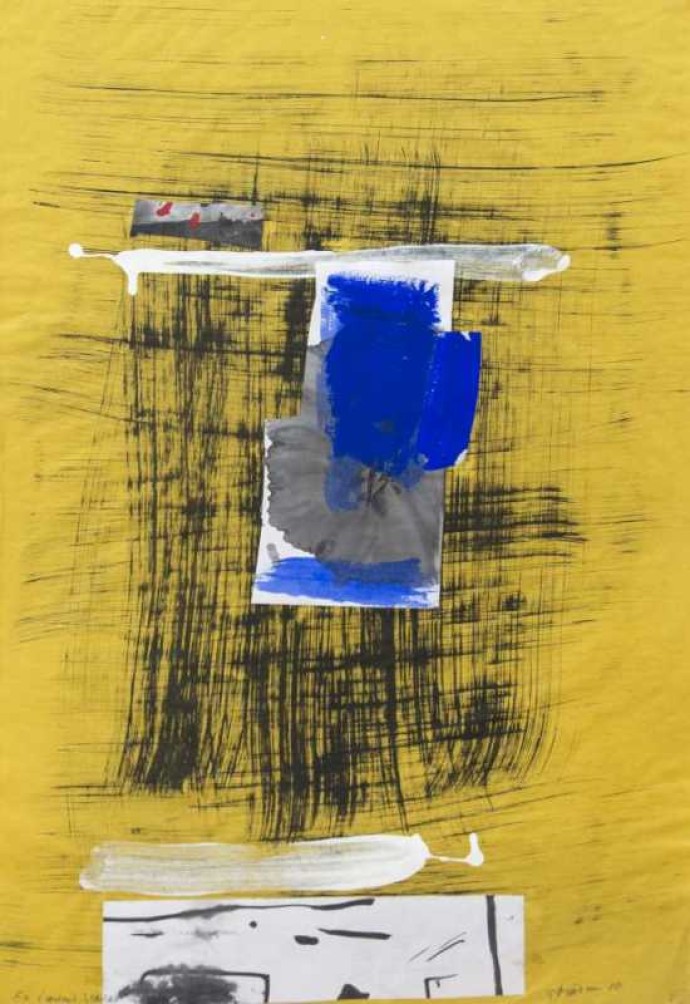 Vertical composition on paper with a canary yellow ground over which bristle brushed lines are cross hatched in black.