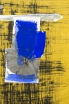 Vertical composition on paper with a canary yellow ground over which bristle brushed lines are cross hatched in black. Image 2