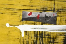 Vertical composition on paper with a canary yellow ground over which bristle brushed lines are cross hatched in black. Image 3