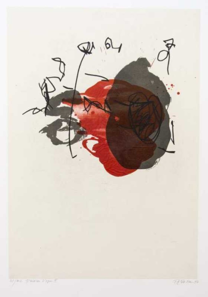 The litho begins with a blood red organic spill overlaid with two shapes in charcoal.