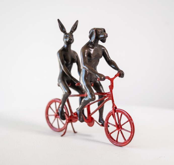 This contemporary figurative bronze tabletop sculpture featuring animals is by Gillie and Marc.
