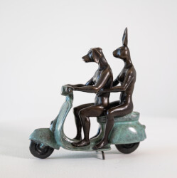 This contemporary bronze figurative tabletop sculpture featuring animals riding a Vespa is by Gillie and Marc.