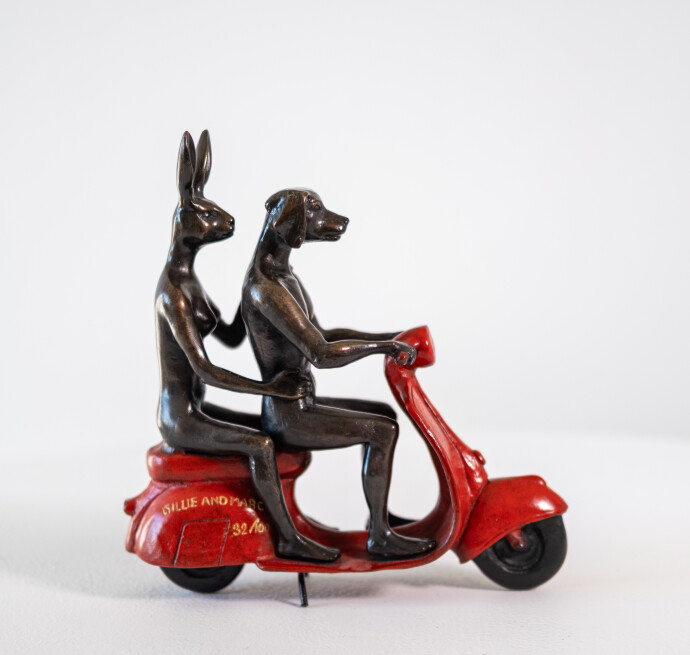 This contemporary bronze figurative tabletop sculpture featuring animals is by Gillie and Marc.