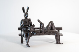 This contemporary bronze figurative tabletop sculpture featuring animals is by Gillie and Marc.