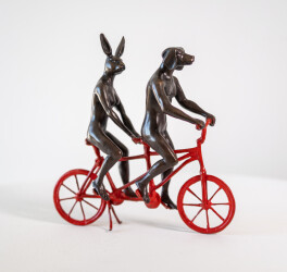This contemporary figurative bronze tabletop sculpture featuring animals is by Gillie and Marc.