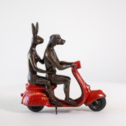 This contemporary bronze figurative tabletop sculpture featuring animals is by Gillie and Marc.
