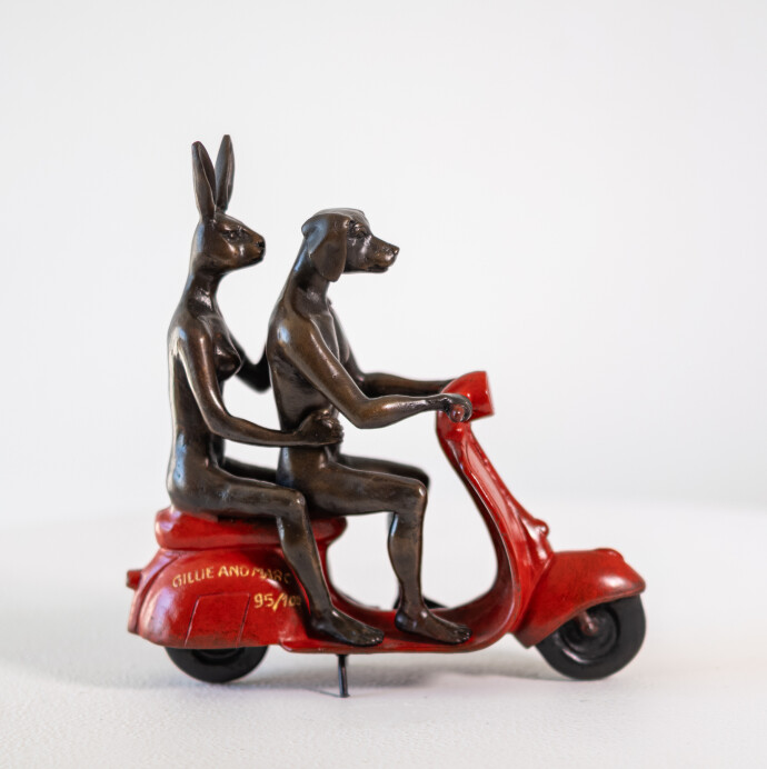 This contemporary bronze figurative tabletop sculpture featuring animals is by Gillie and Marc.