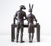 This contemporary figurative bronze tabletop sculpture featuring a hybrid dog and rabbit as chefs is by Gillie and Marc. Image 2