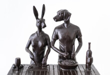This contemporary figurative bronze tabletop sculpture featuring a hybrid dog and rabbit as chefs is by Gillie and Marc. Image 6