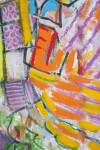 A figure dressed in a flowing kimono robe exploding in dashes, swipes and lines of colour -- orange, lime, mauve, blue, lemon yellow -- is f… Image 5