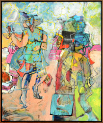 Two dynamic figures integrate with the surrounding space in a kaleidoscope of color -- lime green, yellow, cobalt blue, pink and lemon yello…