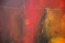 A lightning strike of white over black cuts through a field of fiery red-orange in this atmospheric acrylic by Hugo Frones. Image 4