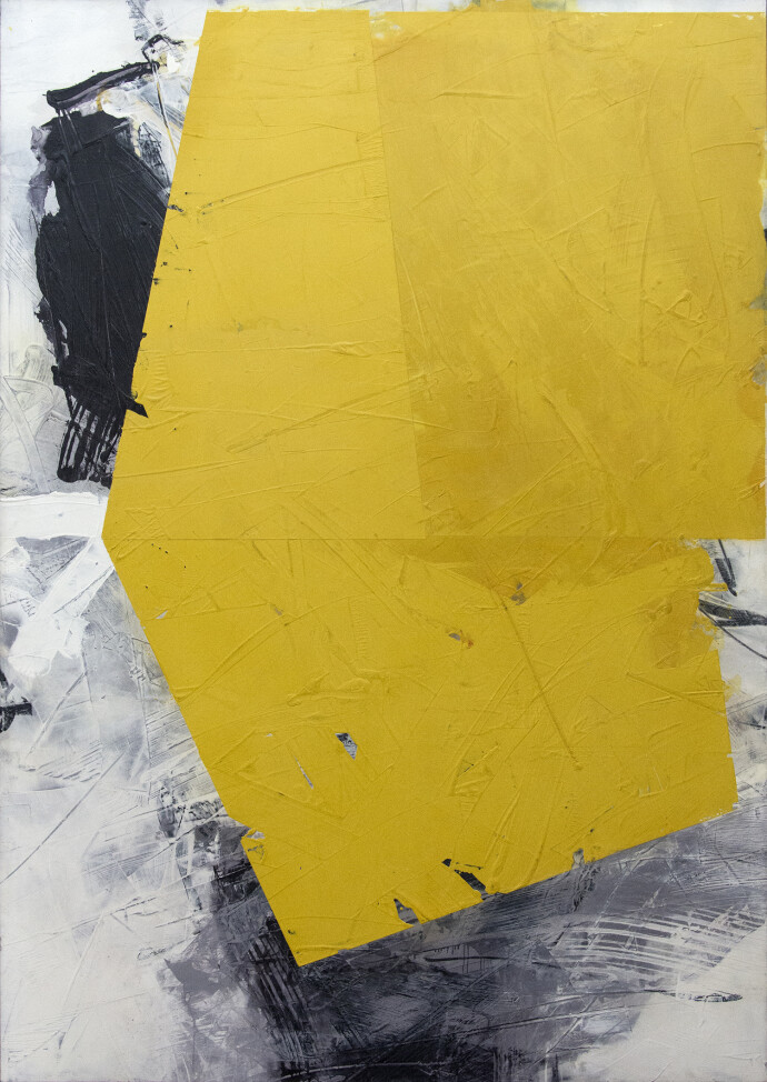 A painterly canary yellow orthogonal floats on an energetic ground of charcoal with indigo highlights in this bold canvas.