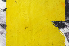 An angled shape in canary yellow floats on a ground of dove grey and black in this mixed media abstract composition. Image 3