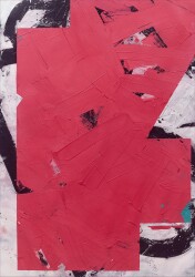 This mixed media contemporary abstract composition in a crimson colour is by a Canadian artist.