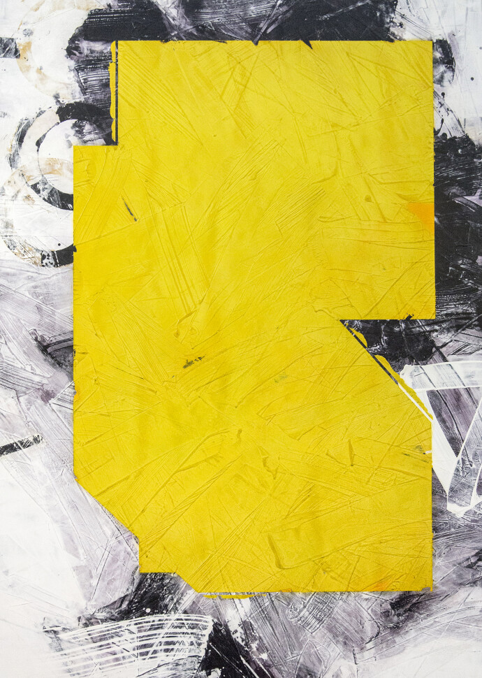 An angled shape in canary yellow floats on a ground of dove grey and black in this mixed media abstract composition.