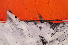 This bold abstract composition in deep orange, black and white by Ivo Stoyanov is a mixed media work on canvas. Image 4