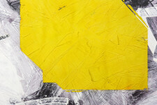 An angled shape in canary yellow floats on a ground of dove grey and black in this mixed media abstract composition. Image 2