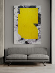 An angled shape in canary yellow floats on a ground of dove grey and black in this mixed media abstract composition. Image 7