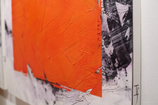 This bold abstract composition in deep orange, black and white by Ivo Stoyanov is a mixed media work on canvas. Image 2
