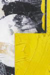 An angled shape in canary yellow floats on a ground of dove grey and black in this mixed media abstract composition. Image 5
