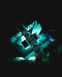 The powerful architectural form of this contemporary sculpture was created by Jah Qube—a collaboration between Toronto-based artist Javid Ja…