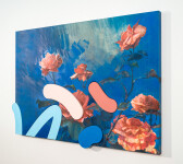 Lush stems of gorgeous coral-coloured roses play against a deep blue and white background. Image 3