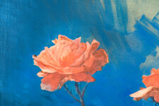 Lush stems of gorgeous coral-coloured roses play against a deep blue and white background. Image 5