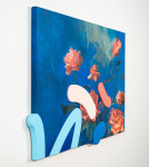 Lush stems of gorgeous coral-coloured roses play against a deep blue and white background. Image 4