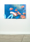 Lush stems of gorgeous coral-coloured roses play against a deep blue and white background. Image 2