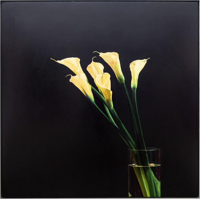 This gorgeous bouquet of sunny yellow Calla Lilies is a mixed media piece by James Lahey.