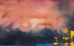A fiery sky in crimson and cerise descends on a horizon of dark mauve hills and strip of azure sea in this emotive painting by Jay Hodgins. Image 2