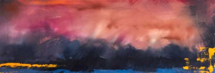 A fiery sky in crimson and cerise descends on a horizon of dark mauve hills and strip of azure sea in this emotive painting by Jay Hodgins.