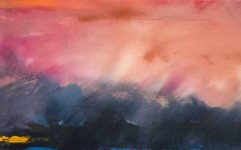 A fiery sky in crimson and cerise descends on a horizon of dark mauve hills and strip of azure sea in this emotive painting by Jay Hodgins. Image 3