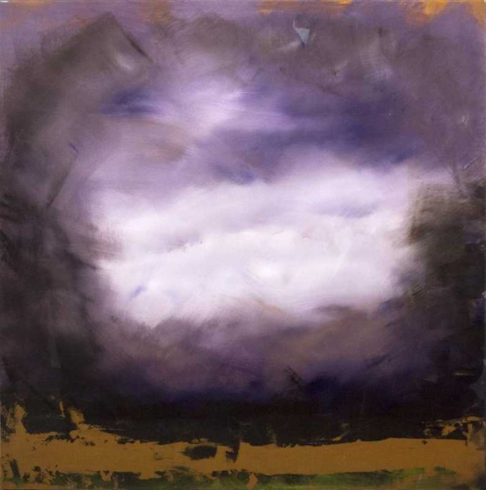 A brilliant mauve opening framed in charcoal burns through the sky in this luminous painting by Jay Hodgins.