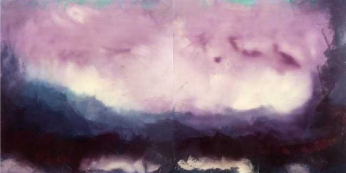 Dark clouds at a stormy horizon rise to meet a violet sky in this moody diptych by Jay Hodgins.