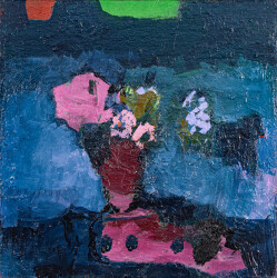 This abstract contemporary painting by Jennifer Hornyak has a floral theme and features the colour purple.