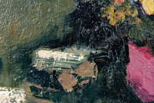 This abstract contemporary oil painting has a floral theme rendered in magenta and orange. Image 9