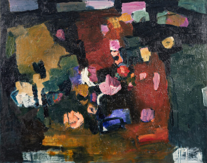 This contemporary abstract and colourful oil painting has a floral theme.