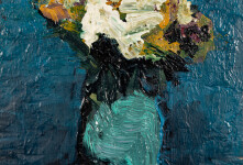 This contemporary abstract painting has a floral theme rendered in turquoise and orange. Image 5