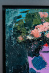 This small contemporary abstract painting has a floral theme featuring blues, magenta and coral colours. Image 8