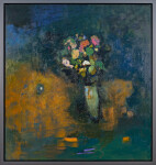 This large abstract contemporary oil painting has a floral theme rendered in blue and ochre. Image 2