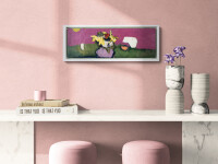 A bouquet of yellow in a vase of mauve sits in a landscape of forest green and magenta in this delightful oil by Jennifer Hornyak. Image 7